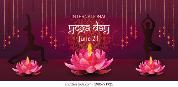  International Yoga Day Concept Banner June 21 Wellness health vector poster
