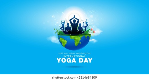 International yoga day concept design. Group of people relaxing and doing yoga. 3D vector illustration of half world globe. Digital Poster, banner and template design.