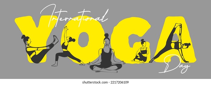 international yoga day concept. group of Women practicing yoga. vector illustration design of women doing asana and meditation practice for International Yoga Day on 21st June