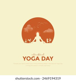 Concepto de día internacional de yoga con concepto de ubicación 21 de junio. post moderno y creativo, Anuncio, tarjeta de felicitación. Ilustración vectorial.