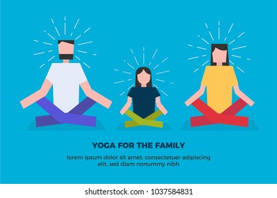International Yoga Day Concept. Vector illustration of a family in yoga pose. Yoga Quote. Woman, man and girl doing yoga.