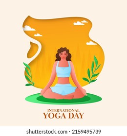 International Yoga Day Concept With Young Lady Meditating On Paper Cut Orange And Cosmic Latte Background.