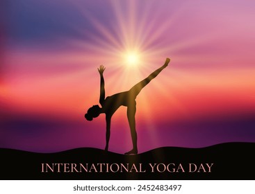 International yoga day with female in yoga pose in a sunset landscape