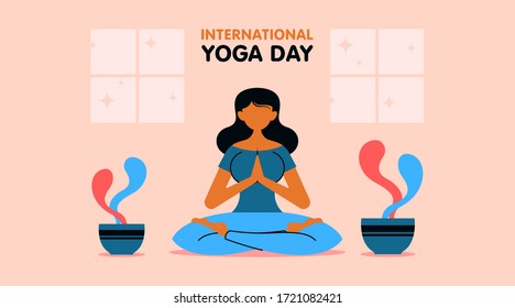 International yoga day flat illustration vector. Illustration of woman yoga