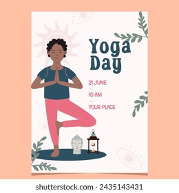 International yoga day flyer poster template with african american man