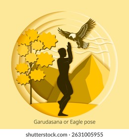 International Yoga Day. Garudasana pose. Eagle pose. Paper cut design. Isolated vector illustration.