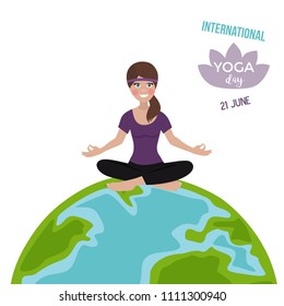 International yoga day. Girl, planet, meditation, yoga outside, relax. Vector illustration.