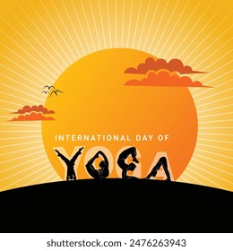 international yoga day greeting with different yoga poses icon and sunrise illustration
