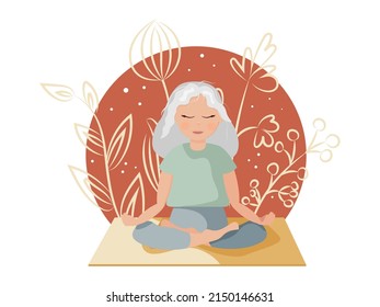 International Yoga Day is a hand-drawn flat illustration in boho style. A beautiful girl is sitting in a lotus position in silhouettes of tropical plants. Vector illustration in cartoon style