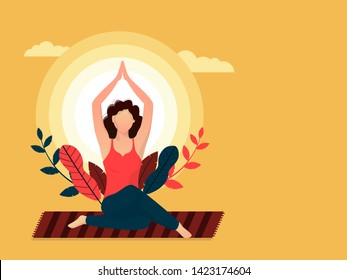 International Yoga Day header or banner design with illustration of beautiful woman doing yoga. Space for your text.