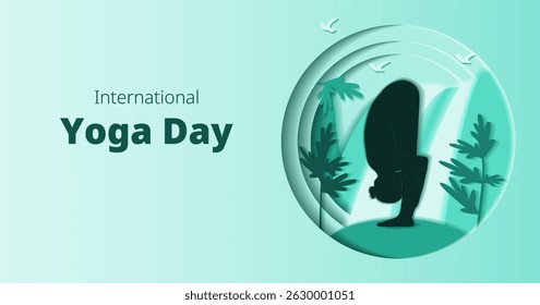 International Yoga Day. Horizontal template. Uttanasana pose. Standing Forward Bend pose. Paper cut design. Isolated vector illustration.