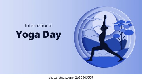 International Yoga Day. Horizontal template. Virabhadrasana pose. Warrior pose. Paper cut design. Isolated vector illustration.