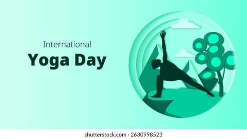 International Yoga Day. Horizontal template. Parshvakonasana pose. Side Angle pose. Paper cut design. Isolated vector illustration.