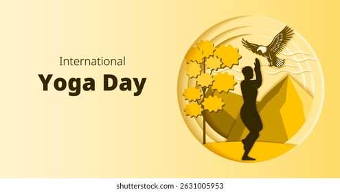 International Yoga Day. Horizontal template. Garudasana pose. Eagle pose. Paper cut design. Isolated vector illustration.