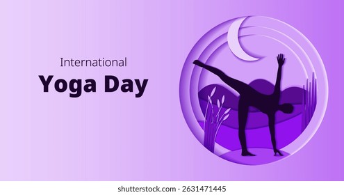 International Yoga Day. Horizontal template. Ardha Chandrasana pose. Half Moon pose. Paper cut design. Isolated vector illustration.