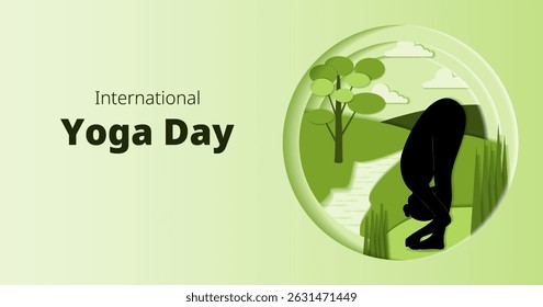 International Yoga Day. Horizontal template. Padangushthasana pose. Big Toe pose. Paper cut design. Isolated vector illustration.