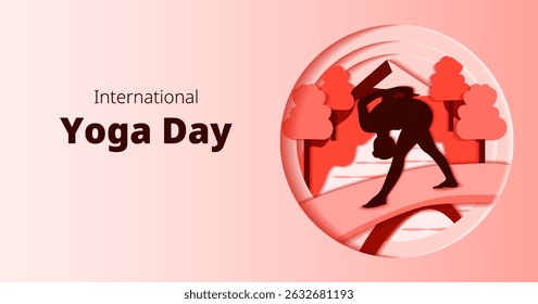 International Yoga Day. Horizontal template. Parshvottanasana pose. Pyramid pose. Paper cut design. Isolated vector 