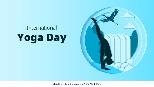 International Yoga Day. Horizontal template. Urdhva Prasarita Eka Padasana pose. Standing Splits pose. Paper cut design. Isolated vector illustration.