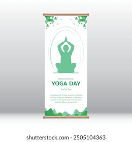 International yoga day, human body posture, improve physical and mental health, exercise and meditation, copy space for text, vertical roll up banner, display mockup layout template