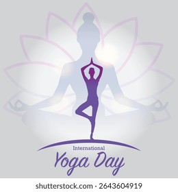 International Yoga Day Illustration Featuring Yoga Pose and Lotus Design. silhouette in a yoga pose, symbolizing calmness and inner peace, adorned by a subtle lotus flower framework in the background.