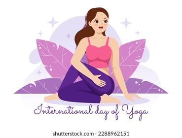 International Yoga Day Illustration on June 21 with Woman Doing Body Posture Practice or Meditation in Healthcare Flat Cartoon Hand Drawn Templates