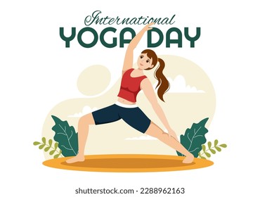 International Yoga Day Illustration on June 21 with Woman Doing Body Posture Practice or Meditation in Healthcare Flat Cartoon Hand Drawn Templates