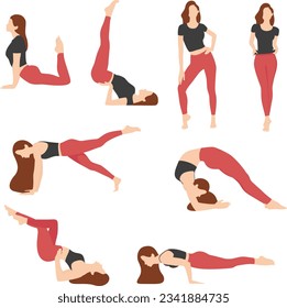 International yoga day illustration. Sports girl. Woman doing fitness, yoga and stretching. Slim Girl Doing Fitness.  Woman practices sports. Pilates concept