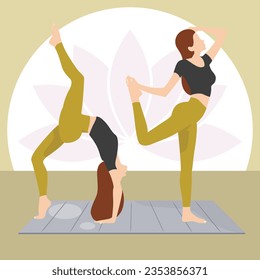 International yoga day illustration. Sports girl. Woman doing fitness, yoga and stretching. Slim Girl Doing Fitness.  Woman practices sports. Pilates concept
