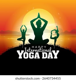 International Yoga Day invitation card. Yoga body posture illustration. Group of people practicing yoga background.