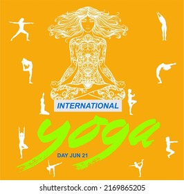 International yoga day jun21.green letter yoga with orange background.10 yoga poses showngirls.Meditation yoga inspiration and inner world concept of 