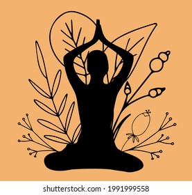 International Yoga Day, June 21, lotus pose, sports yoga, silhouette of a woman on a colored background, flat cartoon illustration, banner illustration design