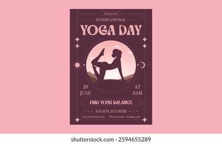 International Yoga Day. June 21. Woman at sunrise or sunset doing yoga outdoors. A woman is doing yoga, practicing, meditating. Trees, sea and hills in the background. Flyer, banner, poster. Vector