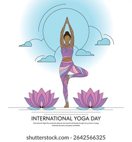 International Yoga Day June 21 woman doing yoga vector abstract with lotus white background sky and clouds peace and harmony