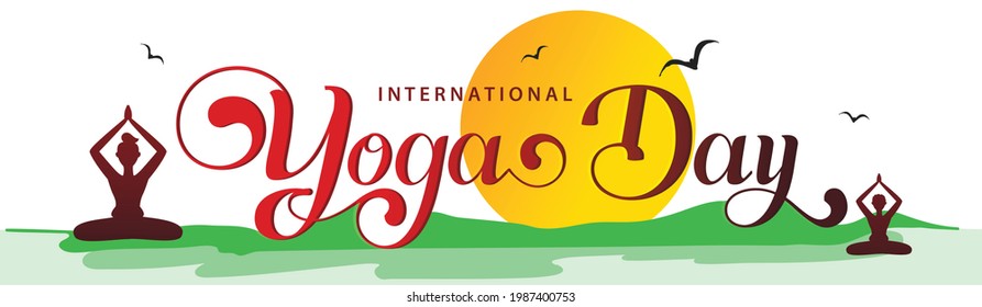 International Yoga Day Lettering Calligraphic Vector Illustration Website Banner Design Background.