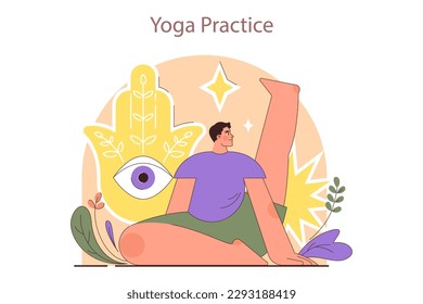 International yoga day. Male chracter in a sportswear doing yoga and meditation. Mindfulness and relaxation practices, stretching and breathing exercise. Flat vector illustration