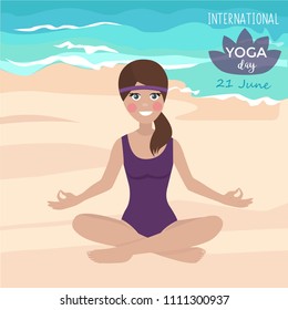 International yoga day. Meditation, yoga outside, relax. Girl near the sea. Vector illustration.