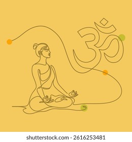 International Yoga Day Minimal Line Art Meditation Vector with Om in Hindi Language