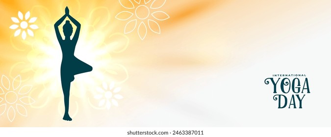 international yoga day morning banner woman doing surya namaskar vector