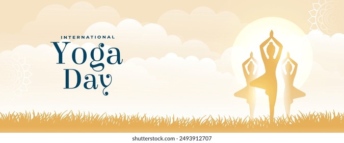 international yoga day morning banner woman doing posture in grass vector 