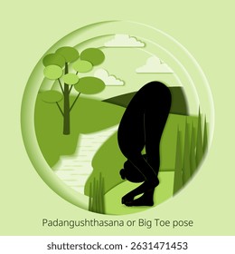 International Yoga Day. Padangushthasana pose. Big Toe pose. Paper cut design. Isolated vector illustration.
