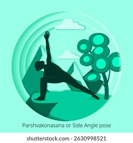 International Yoga Day. Parshvakonasana pose. Side Angle pose. Paper cut design. Isolated vector illustration.