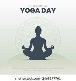 Día Internacional del Yoga Post y Diseño de Tarjetas de Felicitación. Día de Yoga Moderno y Elegante Creativo con Mujer en Meditación Posar Ilustración vectorial