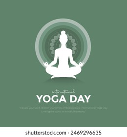 Día Internacional del Yoga Post y Diseño de Tarjetas de Felicitación. Día de Yoga Moderno y Elegante Creativo con Mujer en Meditación Posar Ilustración vectorial.