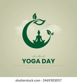 Día Internacional del Yoga Post y Diseño de Tarjetas de Felicitación. Día de Yoga Moderno y Elegante Creativo con Mujer en Meditación Posar Ilustración vectorial.