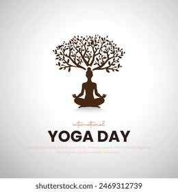 Día Internacional del Yoga Post y Diseño de Tarjetas de Felicitación. Día de Yoga Moderno y Elegante Creativo con Mujer en Meditación Posar Ilustración vectorial.