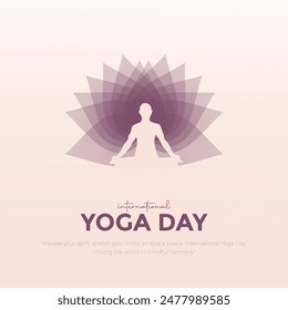 Día Internacional del Yoga Post y Diseño de Tarjetas de Felicitación. Día de Yoga Moderno y Elegante Creativo con Mujer en Meditación Posar Ilustración vectorial.