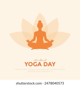 International Yoga Day Post and Greeting Card Design. Modern and Elegant Yoga Day Creative with Woman in Meditation Pose Vector Illustration.