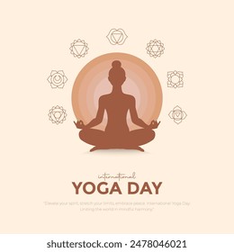 Día Internacional del Yoga Post y Diseño de Tarjetas de Felicitación. Día de Yoga Moderno y Elegante Creativo con Mujer en Meditación Posar Ilustración vectorial.