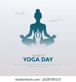 International Yoga Day Post and Greeting Card Design. Modern and Elegant Yoga Day Creative with Woman in Meditation Pose Vector Illustration.