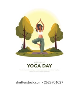 International Yoga Day Post and Greeting Card Design. Modern and Elegant Yoga Day Creative with Woman in Meditation Pose Vector Illustration.